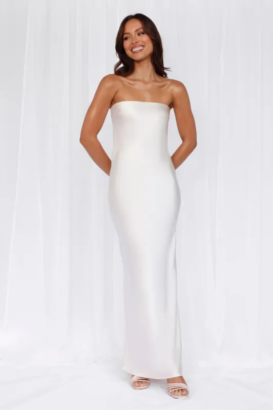 HELLO MOLLY The Felicity Strapless Satin Maxi Dress Pearl sold by Hello Molly