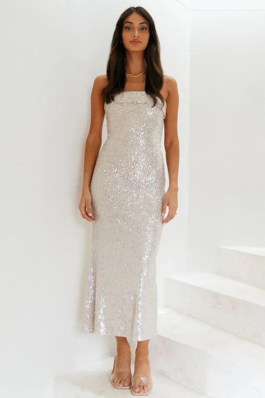 Chilling On My Own Maxi Dress Beige Sequin sold by Hello Molly