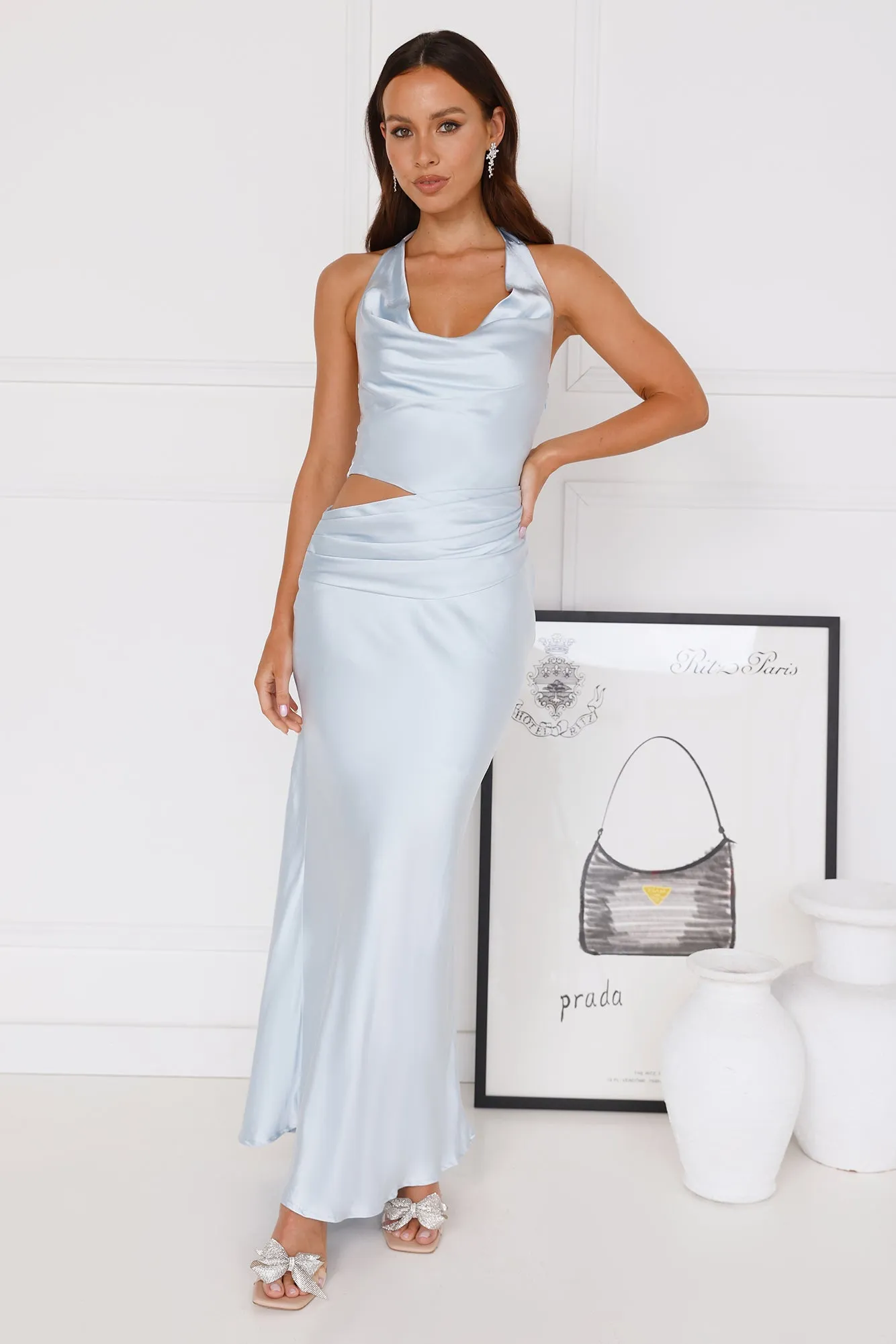 All The Invites Halter Satin Maxi Dress Blue sold by Hello Molly