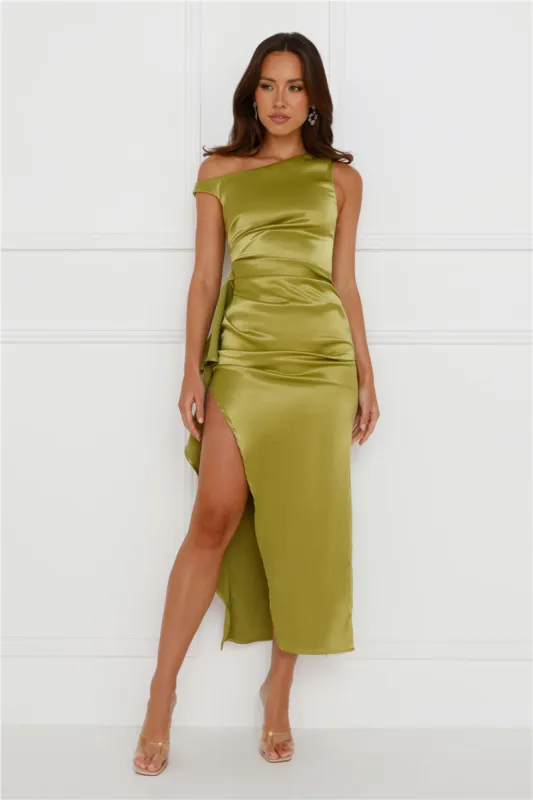 Lavinia Off Shoulder Satin Midi Dress Green sold by Hello Molly