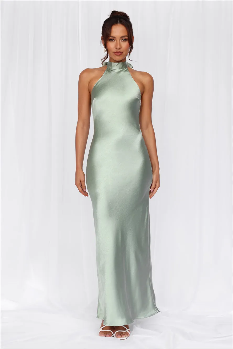 HELLO MOLLY The Cleo Halter Satin Maxi Dress Sage sold by Hello Molly