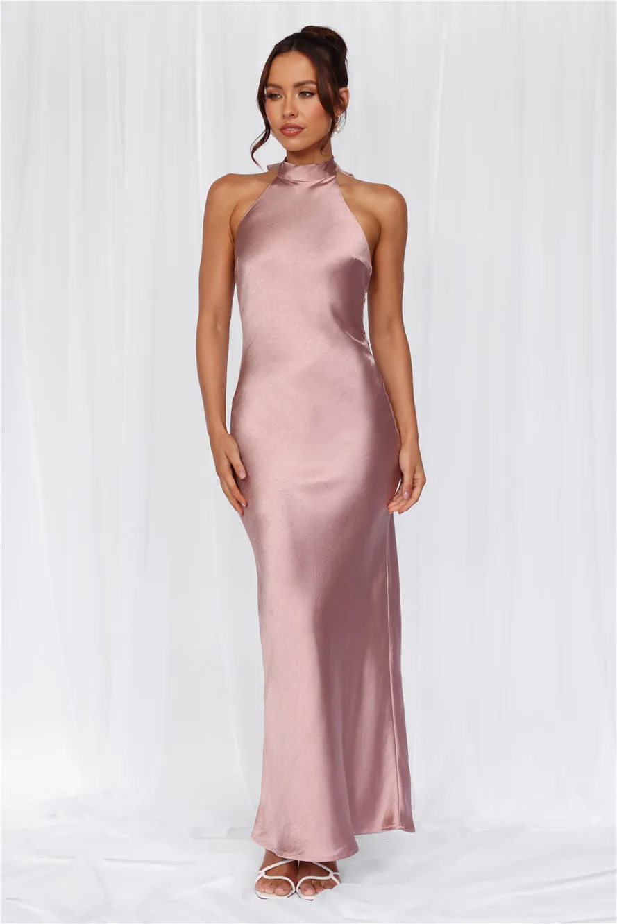 HELLO MOLLY The Cleo Halter Satin Maxi Dress Dusty Pink sold by Hello Molly