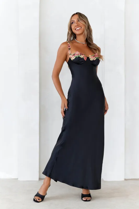 French Countryside Satin Maxi Dress Black sold by Hello Molly