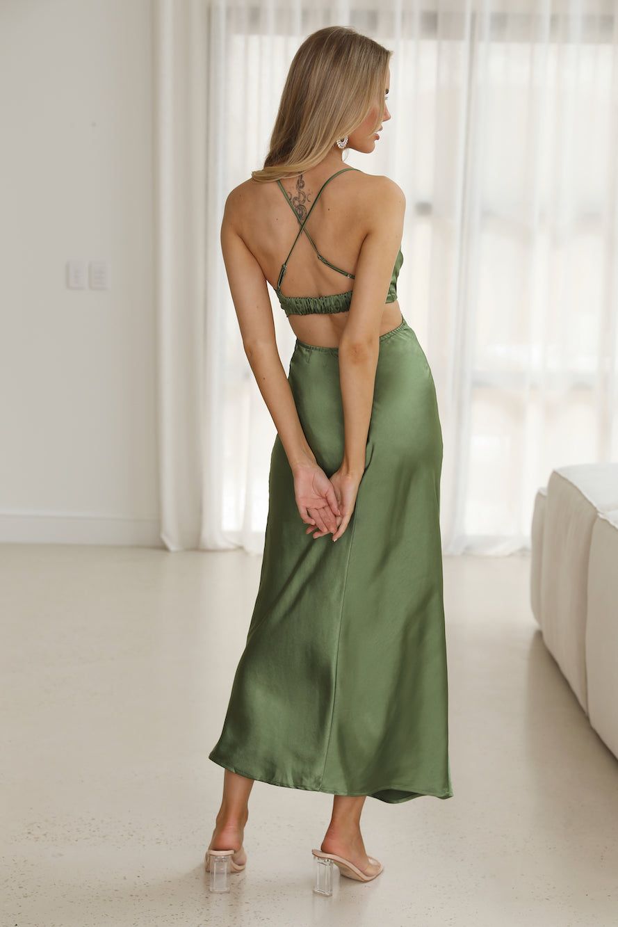 Grandest Entrance Satin Maxi Dress Olive sold by Hello Molly product image thumbnail 4