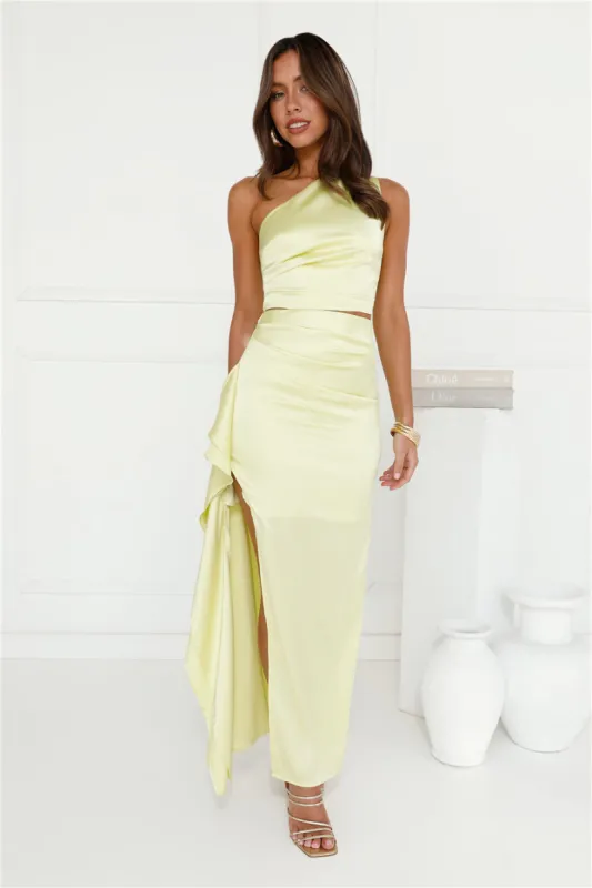 Beauty In The Spotlight Satin Maxi Skirt Lime sold by Hello Molly