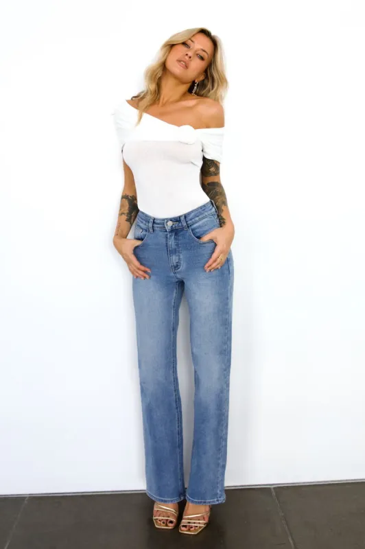 HELLO MOLLY DNM High Rise Straight Leg Denim Jeans Mid Blue sold by Hello Molly