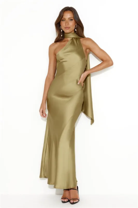 Glistening Star Satin Maxi Dress Olive sold by Hello Molly