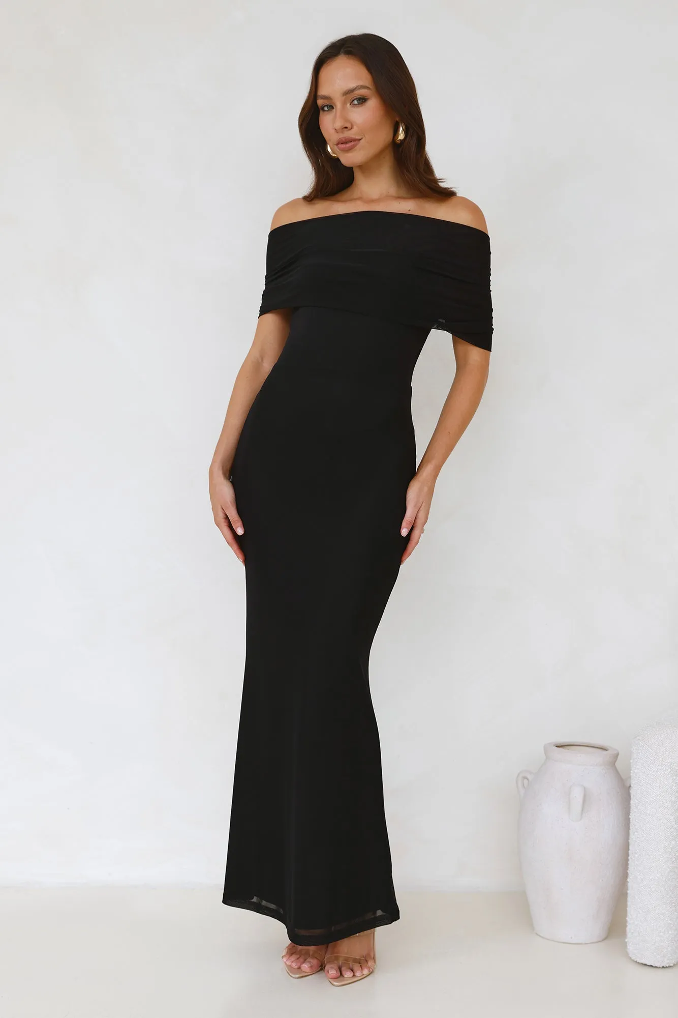 Invited Off Shoulder Mesh Maxi Dress Black sold by Hello Molly