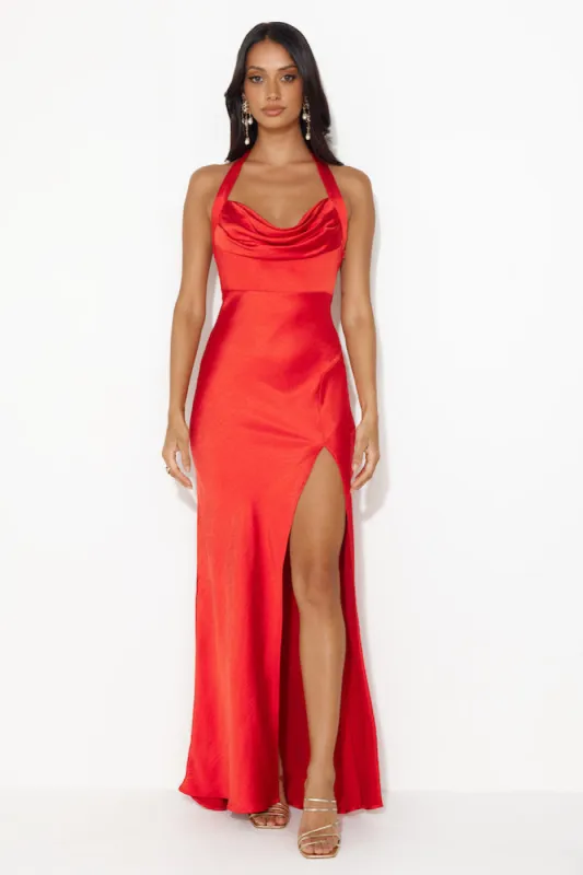 HELLO MOLLY Girl In The Spotlight Halter Neck Satin Maxi Dress Red sold by Hello Molly