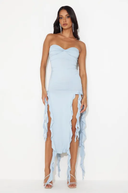 HELLO MOLLY All The Frills Strapless Midi Dress Baby Blue sold by Hello Molly