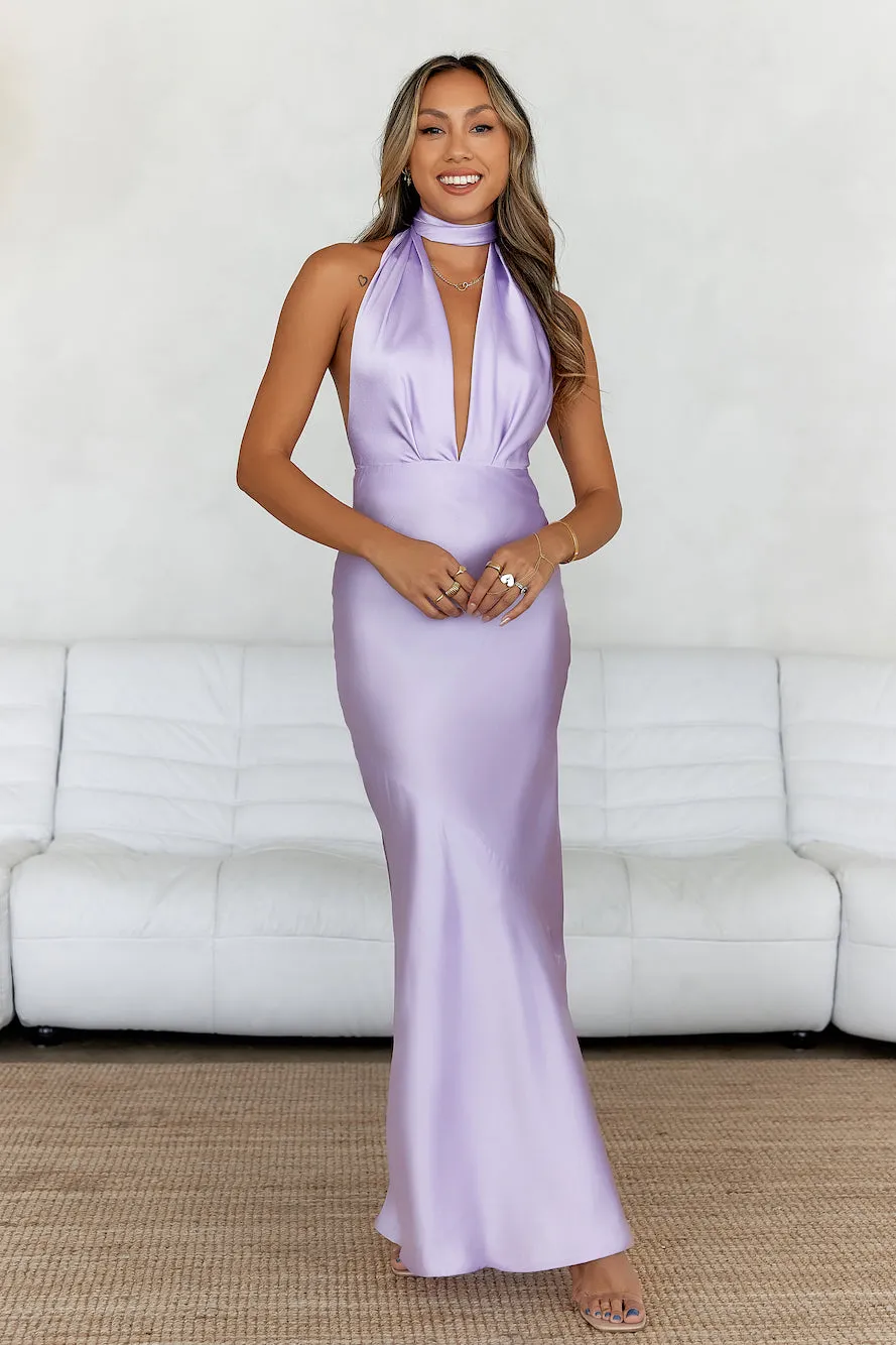 Pleased Satin Halter Maxi Dress Lilac sold by Hello Molly