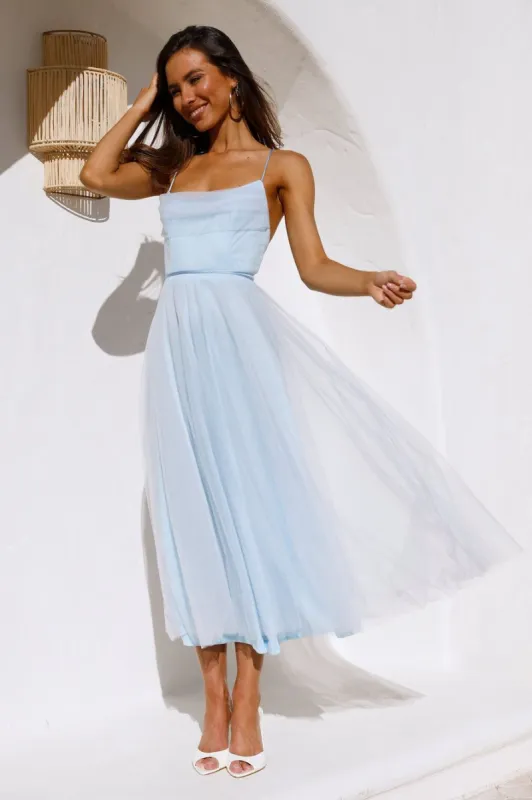 Signal My Way Tulle Midi Dress Blue sold by Hello Molly