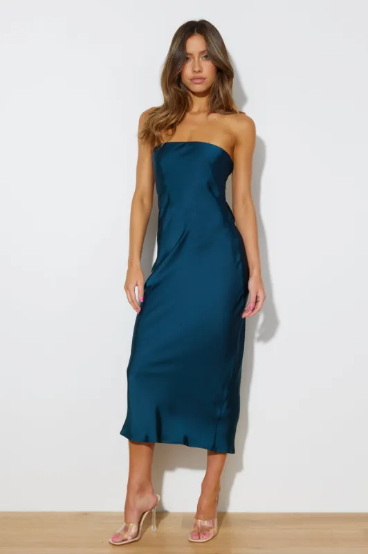 Envious Lies Satin Midi Dress Teal sold by Hello Molly