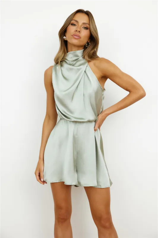 On A Drive Satin Romper Sage sold by Hello Molly
