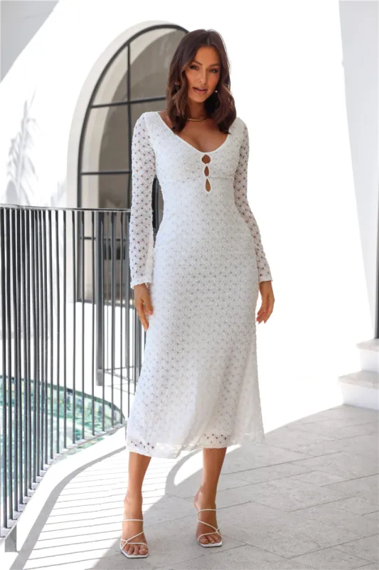 Rooftop Soirée Long Sleeve Midi Dress White sold by Hello Molly