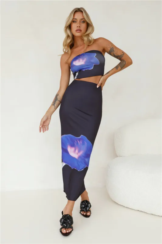 Pansies Bouquet Maxi Skirt Black sold by Hello Molly