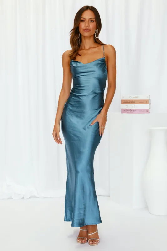 Kissin All Night Satin Maxi Dress Midnight Blue sold by Hello Molly