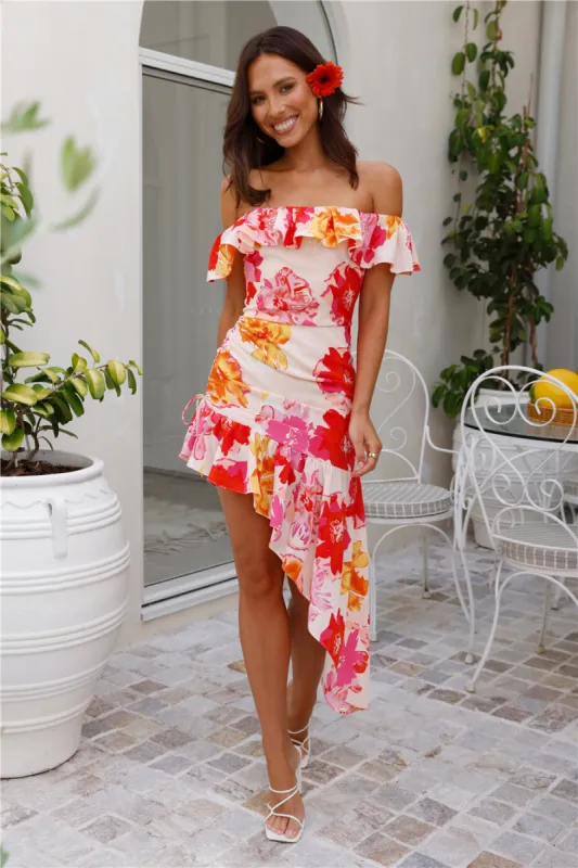 HELLO MOLLY Vibrance Of Her Off Shoulder Midi Dress Print sold by Hello Molly