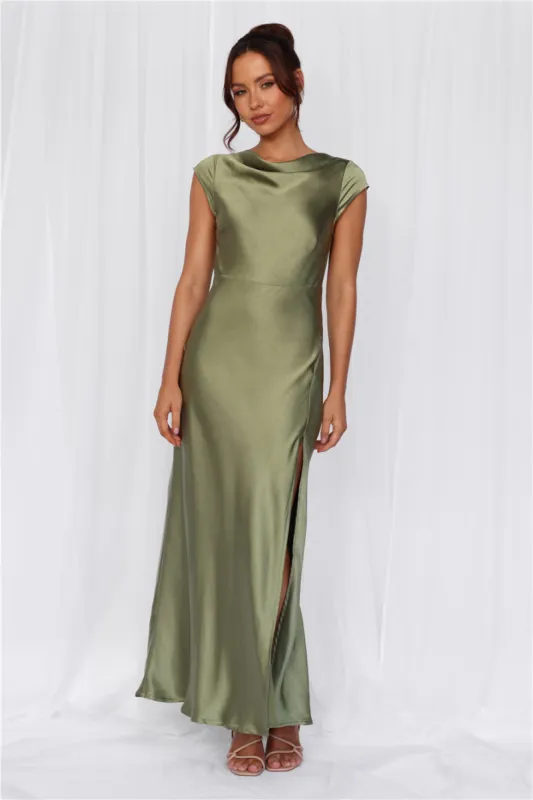 HELLO MOLLY The Valentina Cap Sleeve Satin Maxi Dress Olive sold by Hello Molly