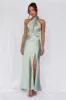 HELLO MOLLY The Adeline Halter Satin Maxi Dress Sage sold by Hello Molly