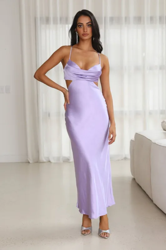 Grandest Entrance Satin Maxi Dress Lilac sold by Hello Molly