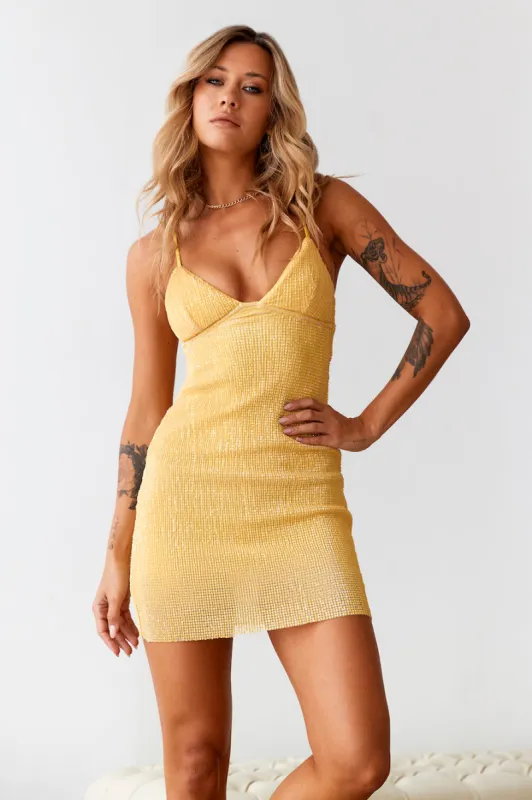 Shimmer Girl Mini Dress Yellow sold by Hello Molly