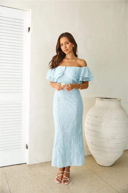Moment Of Dance Off Shoulder Maxi Dress Blue sold by Hello Molly