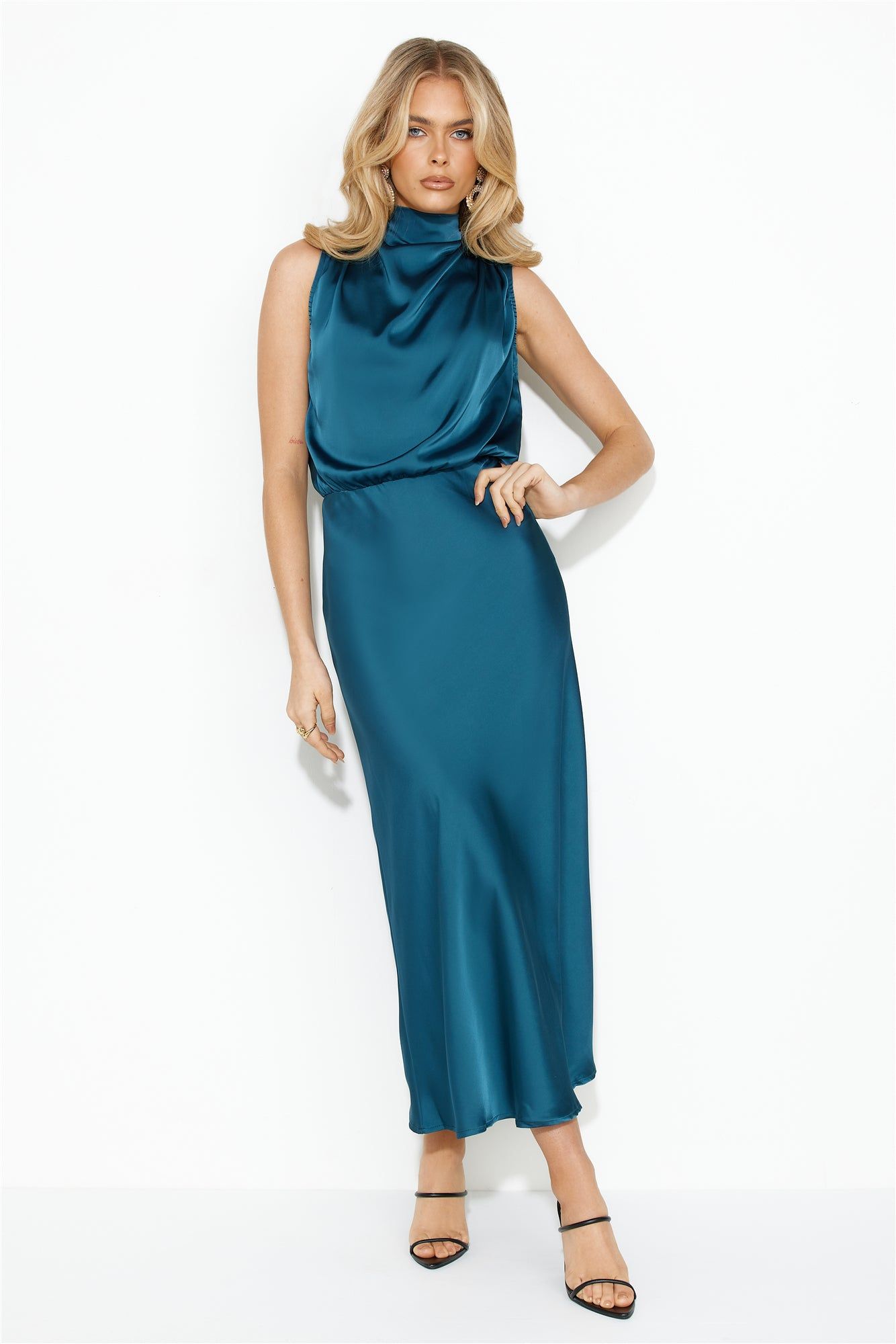 Confidence High Satin Midi Dress Teal sold by Hello Molly product image thumbnail 2