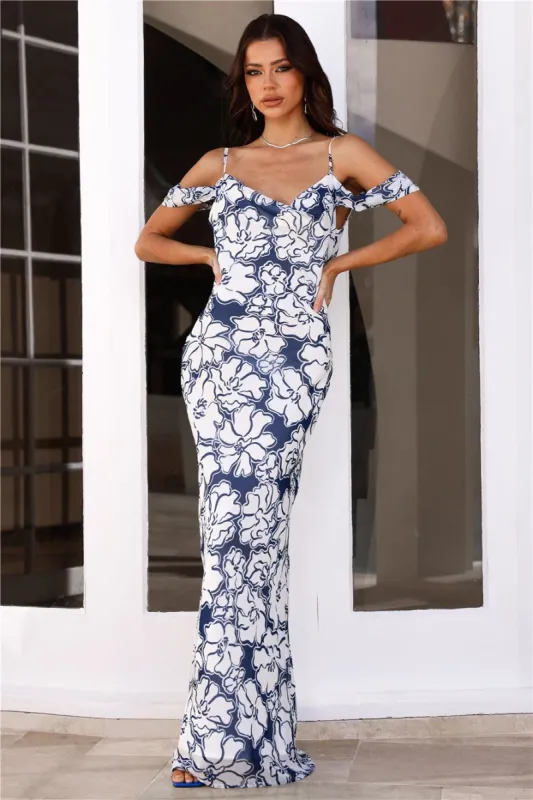 RUNAWAY Kelani Maxi Dress Navy Floral sold by Hello Molly