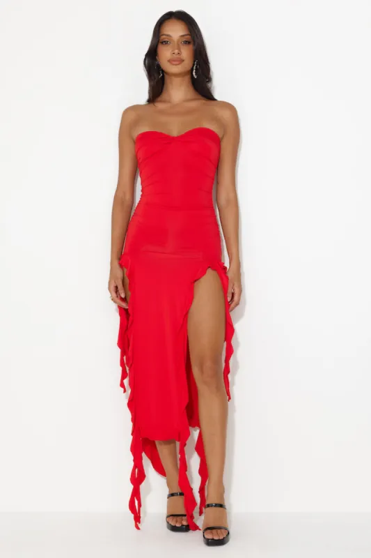 HELLO MOLLY All The Frills Strapless Midi Dress Red sold by Hello Molly