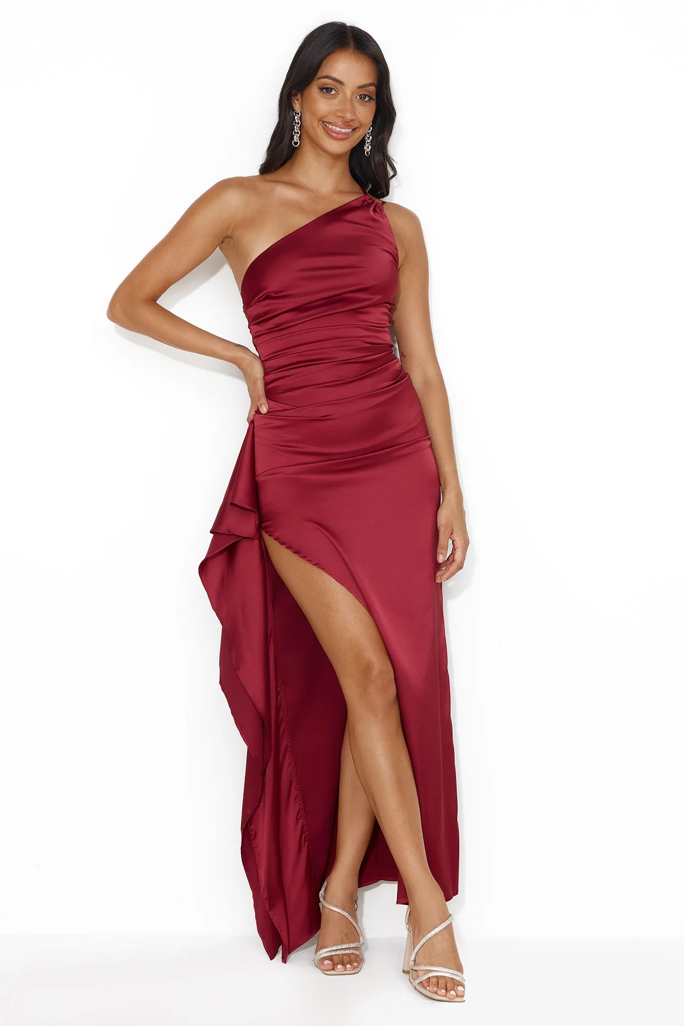 Extra Special One Shoulder Satin Maxi Dress Wine sold by Hello Molly product image thumbnail 2