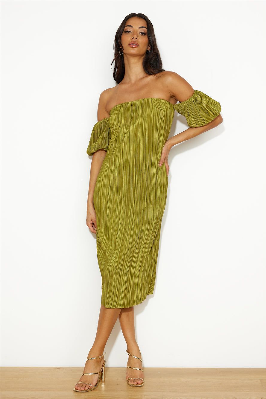 Give Me Plisse Midi Dress Olive sold by Hello Molly