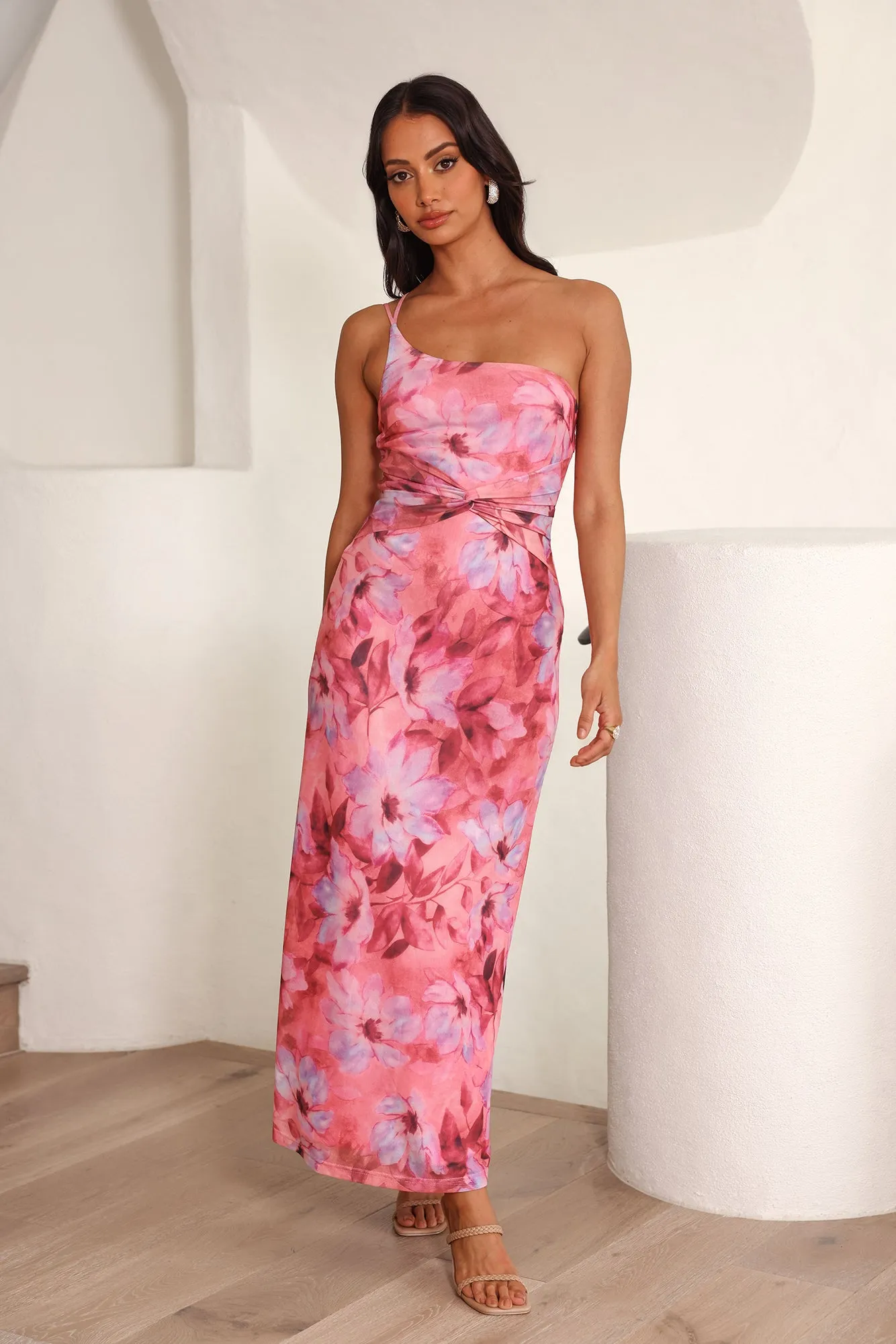 Celebrate Success One Shoulder Mesh Midi Dress Pink sold by Hello Molly