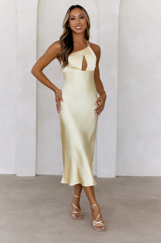 Kiss Of Celebration Satin One Shoulder Midi Dress Yellow sold by Hello Molly