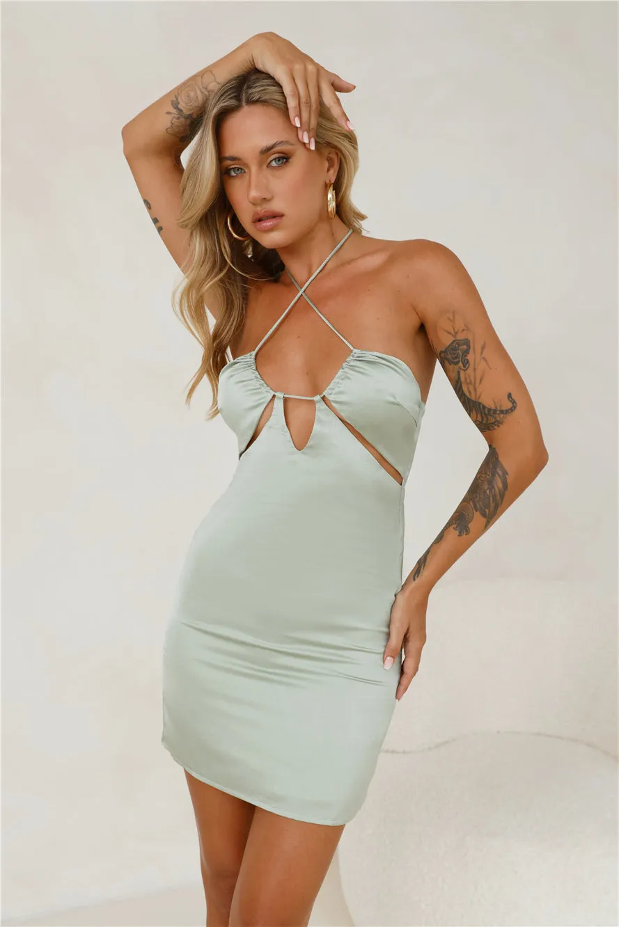Brunch By The River Satin Mini Dress Sage sold by Hello Molly