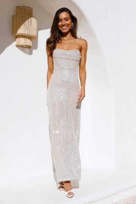Finest Words Maxi Dress Beige Sequin sold by Hello Molly