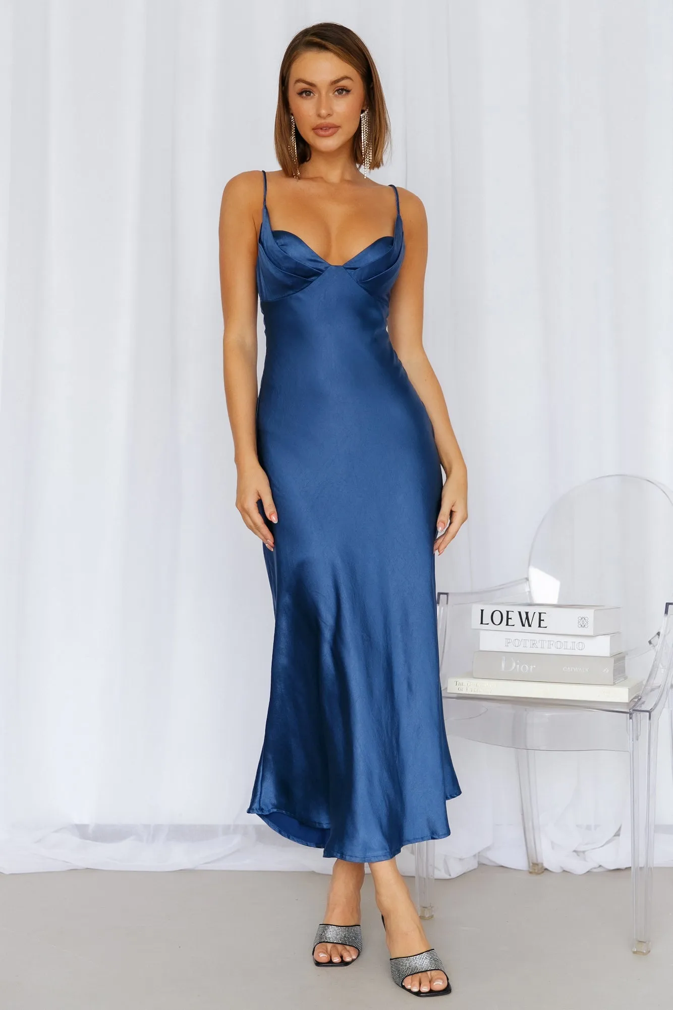No Cloudy Skies Satin Maxi Dress Navy sold by Hello Molly
