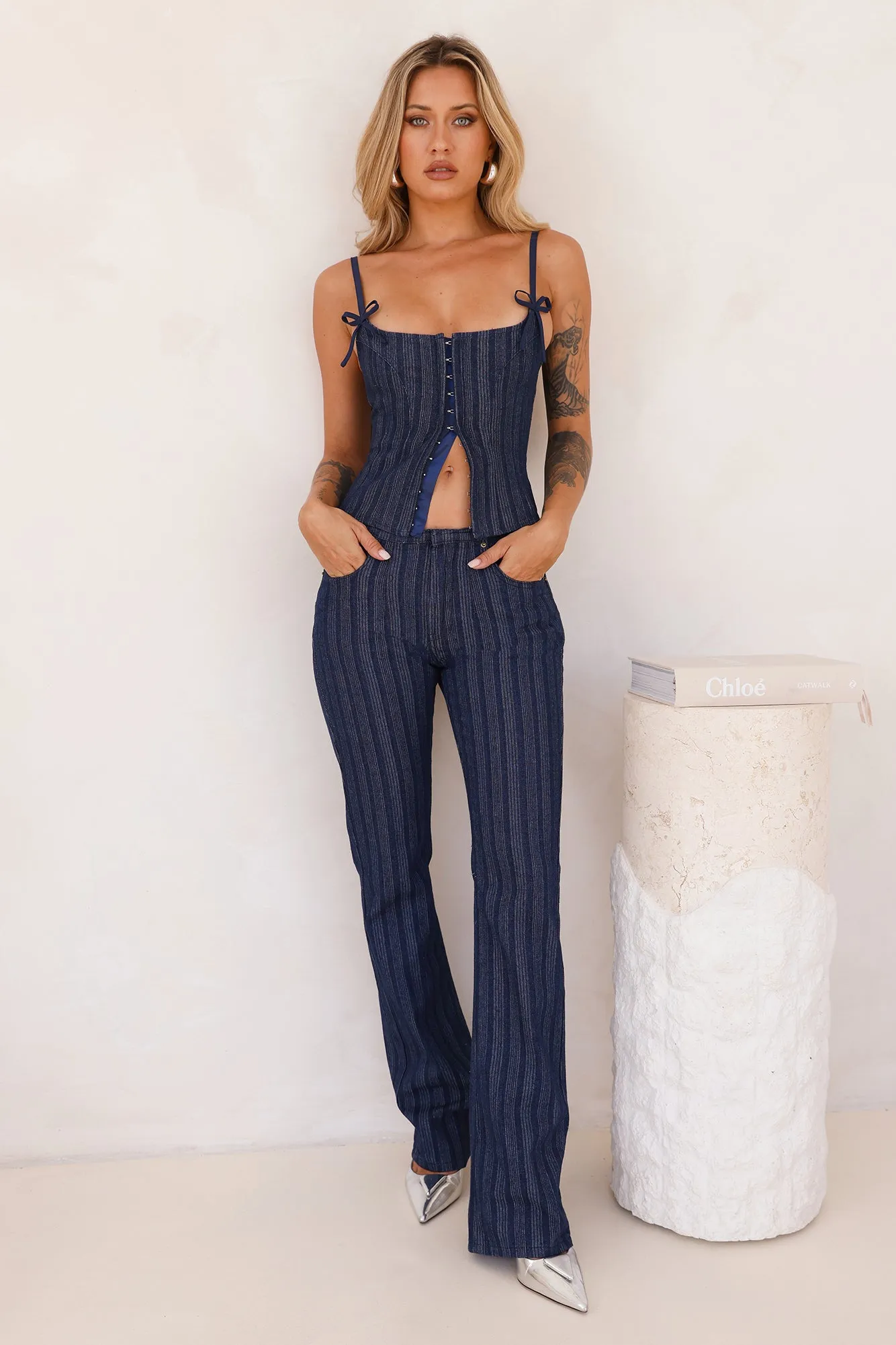 LIONESS Charismatic Denim Corset Dark Pinstripe sold by Hello Molly
