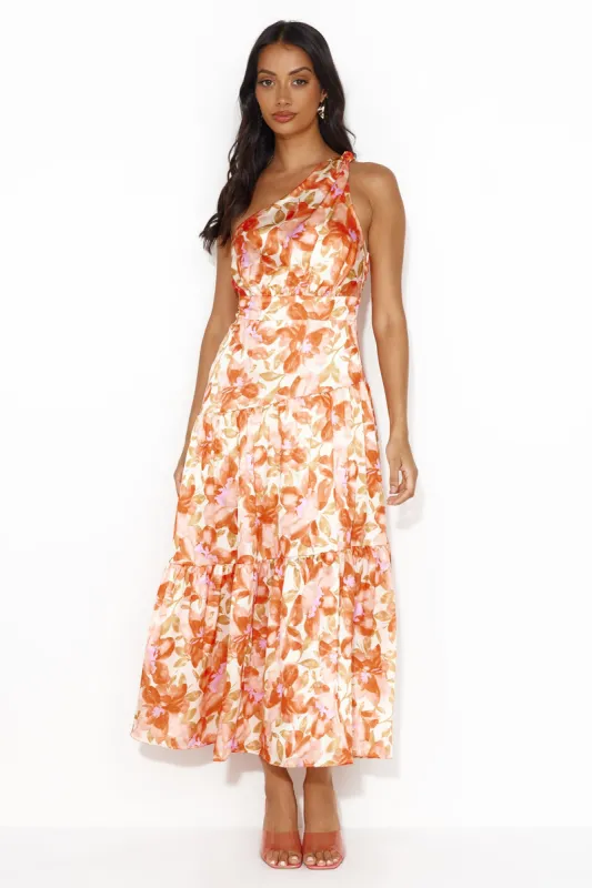 Blast Of Color One Shoulder Satin Midi Dress Orange sold by Hello Molly