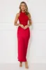 Popping Bottles Satin Mesh Halter Maxi Dress Red sold by Hello Molly