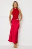 Popping Bottles Satin Mesh Halter Maxi Dress Red sold by Hello Molly