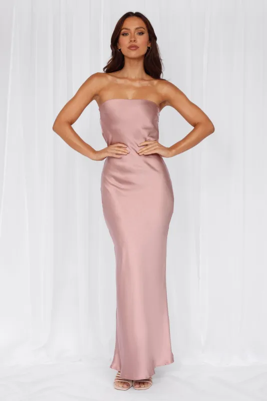 HELLO MOLLY The Felicity Strapless Satin Maxi Dress Dusty Pink sold by Hello Molly