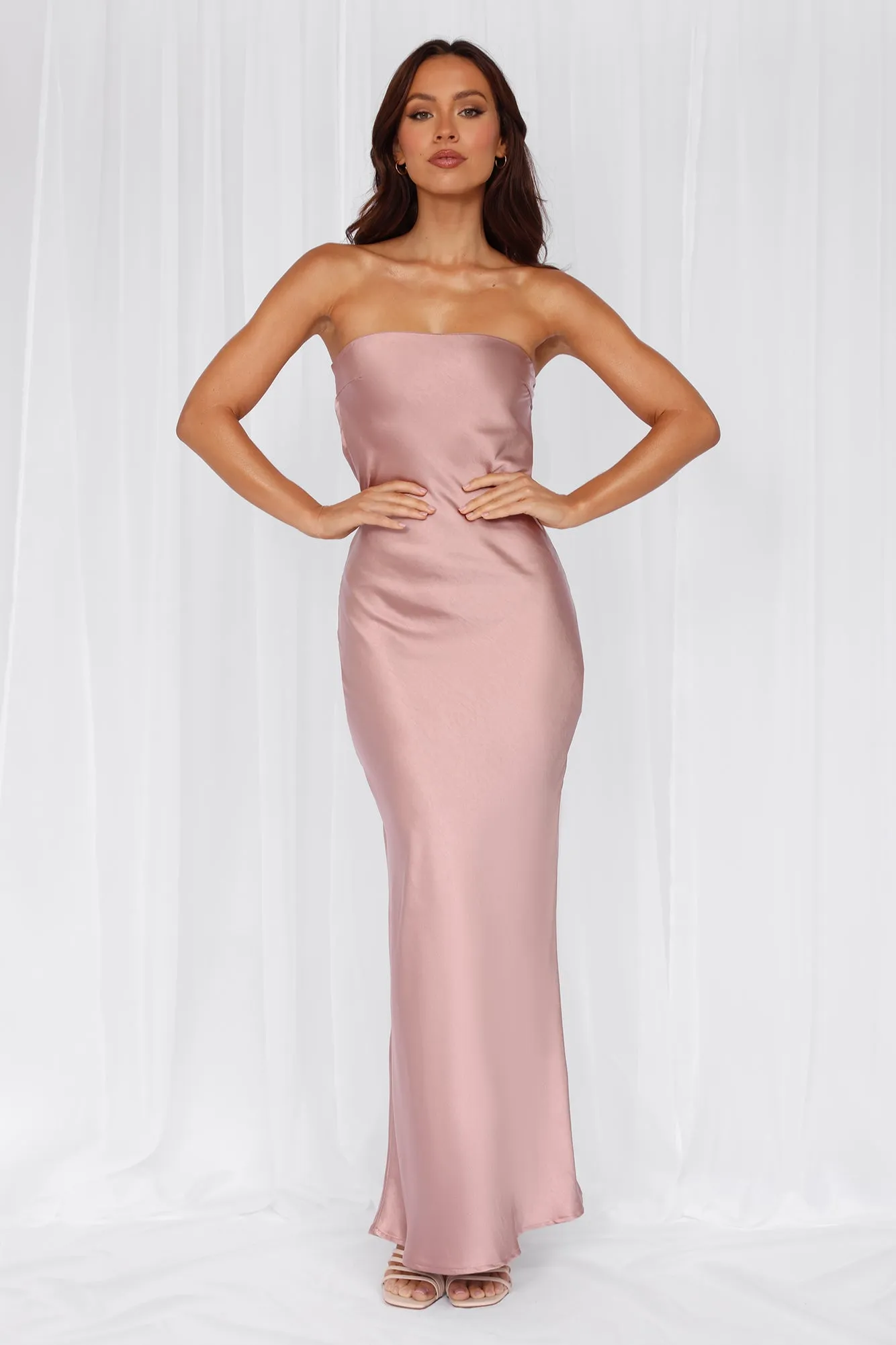 HELLO MOLLY The Felicity Strapless Satin Maxi Dress Dusty Pink sold by Hello Molly