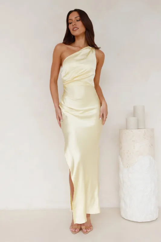 Luxe Charm One Shoulder Satin Maxi Dress Yellow sold by Hello Molly