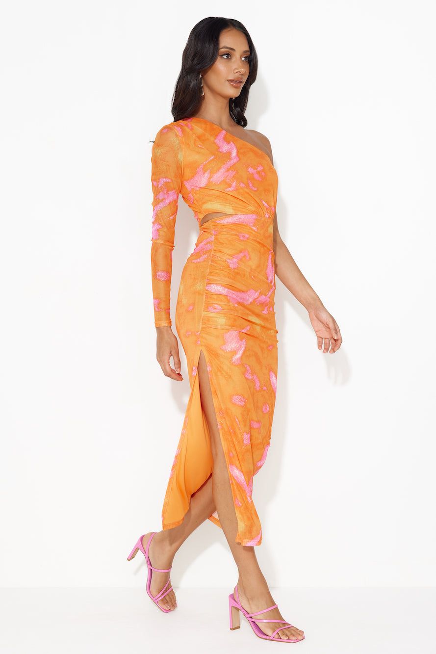 Relationship Bond One Shoulder Mesh Midi Dress Orange sold by Hello Molly