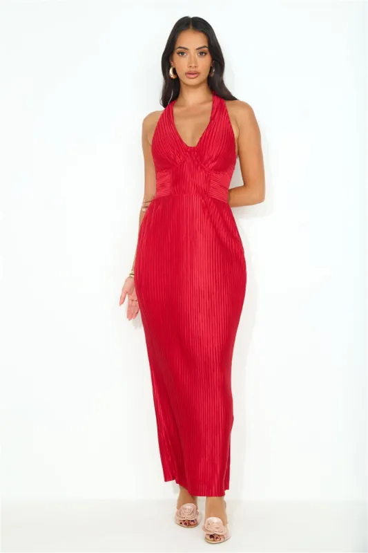 Special Events Pleated Halter Maxi Dress Red sold by Hello Molly