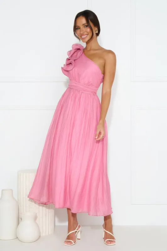 Find Out One Shoulder Midi Dress Pink sold by Hello Molly