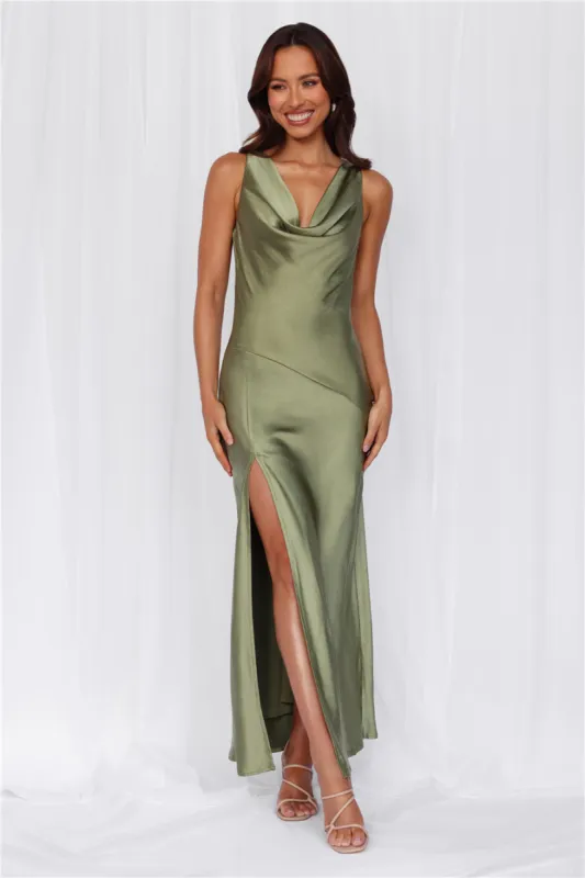 HELLO MOLLY The Loretta Cowl Satin Maxi Dress Olive sold by Hello Molly