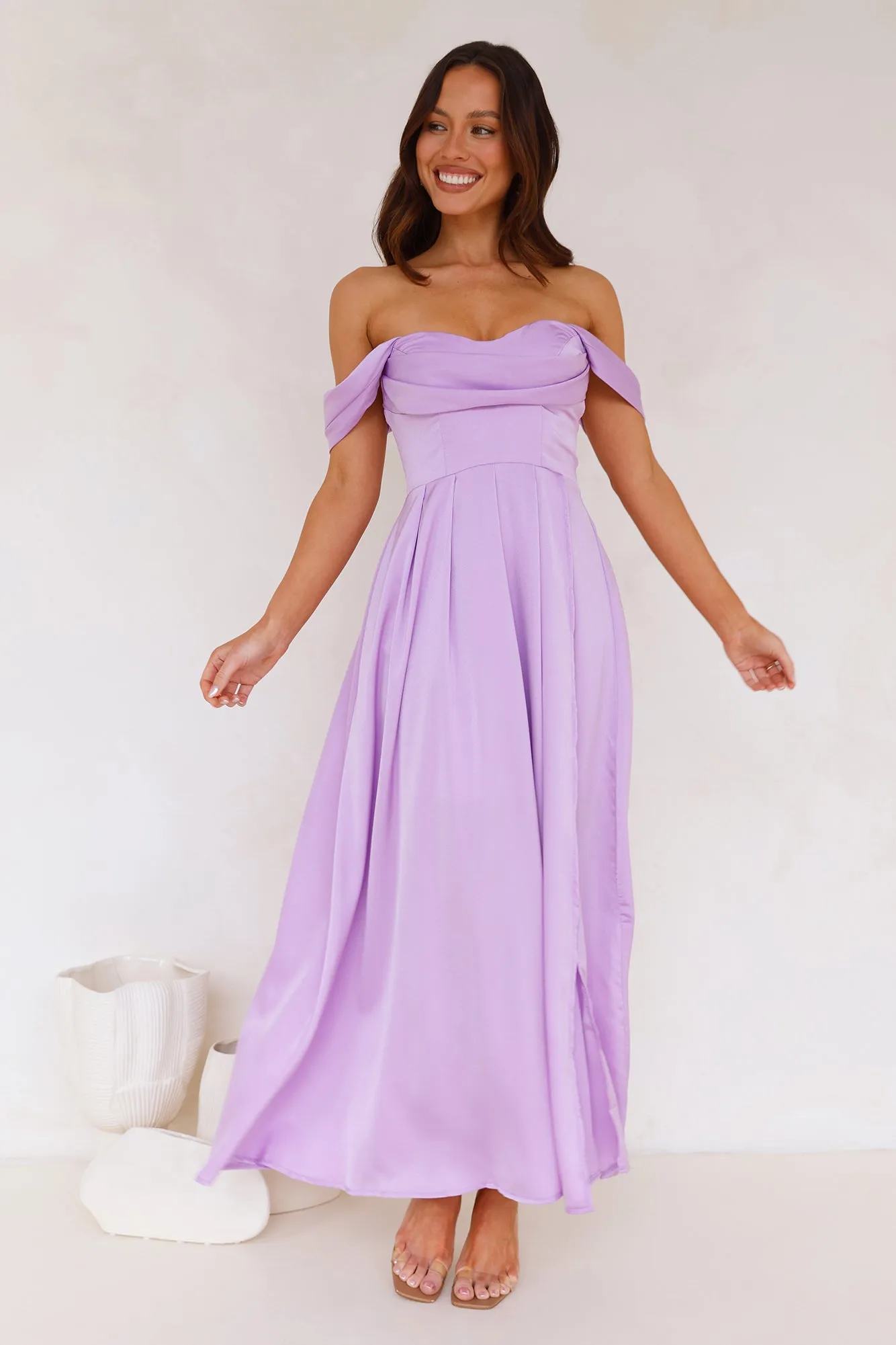 Golden Affair Off Shoulder Satin Maxi Dress Lilac sold by Hello Molly product image thumbnail 3