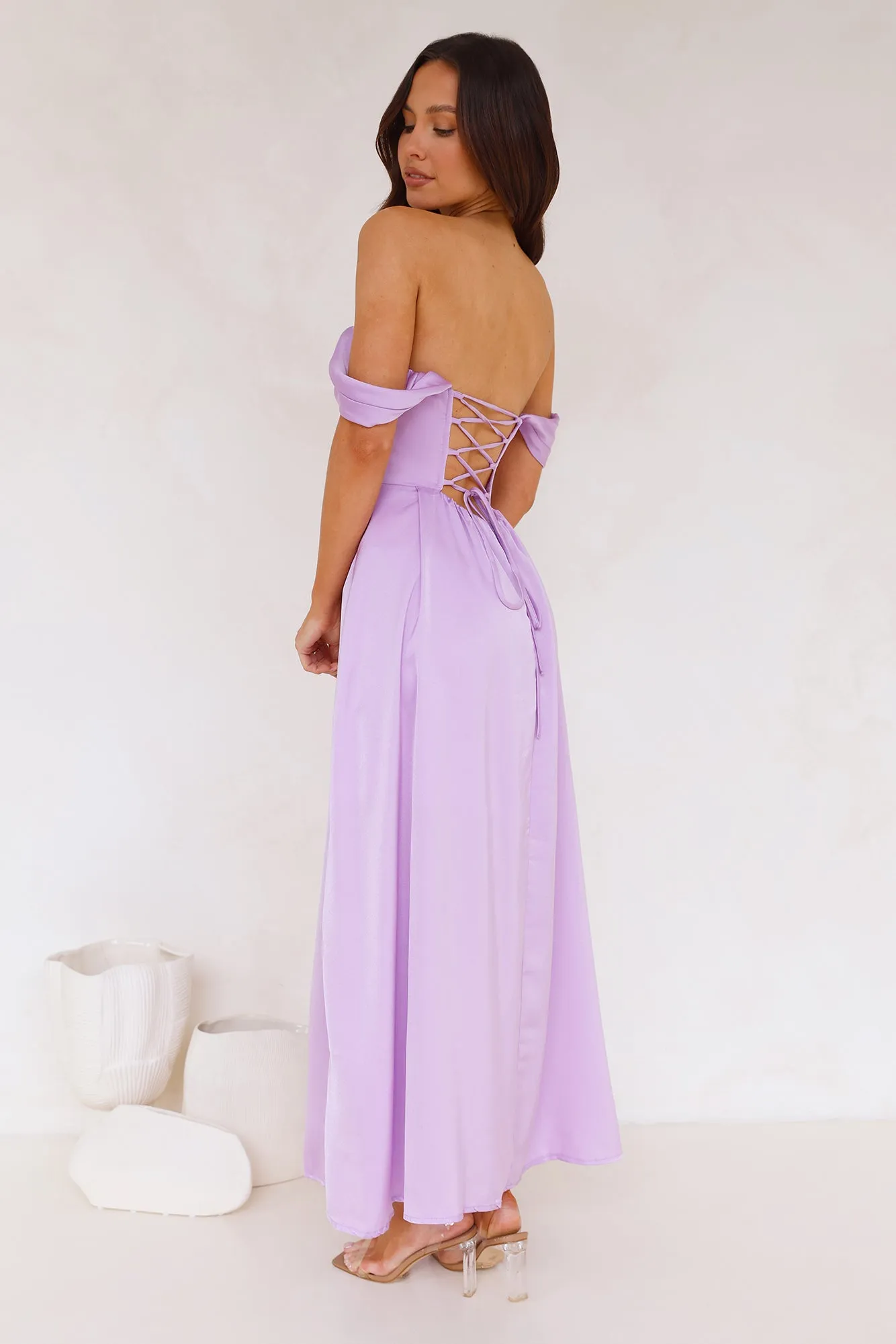 Golden Affair Off Shoulder Satin Maxi Dress Lilac sold by Hello Molly product image thumbnail 4